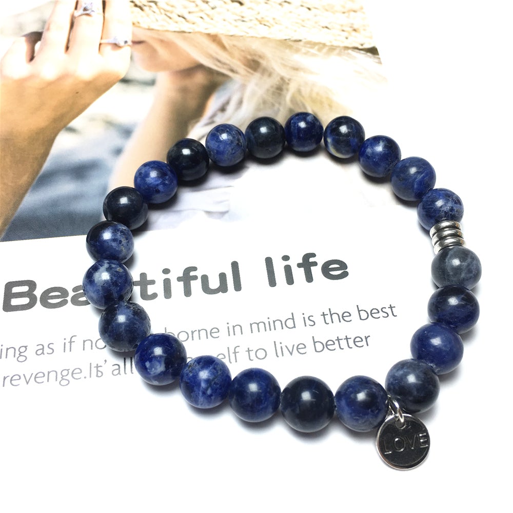Gemstone Sodalite Custom Beads Bracelet Love Heart Charm Stretch Bracelets