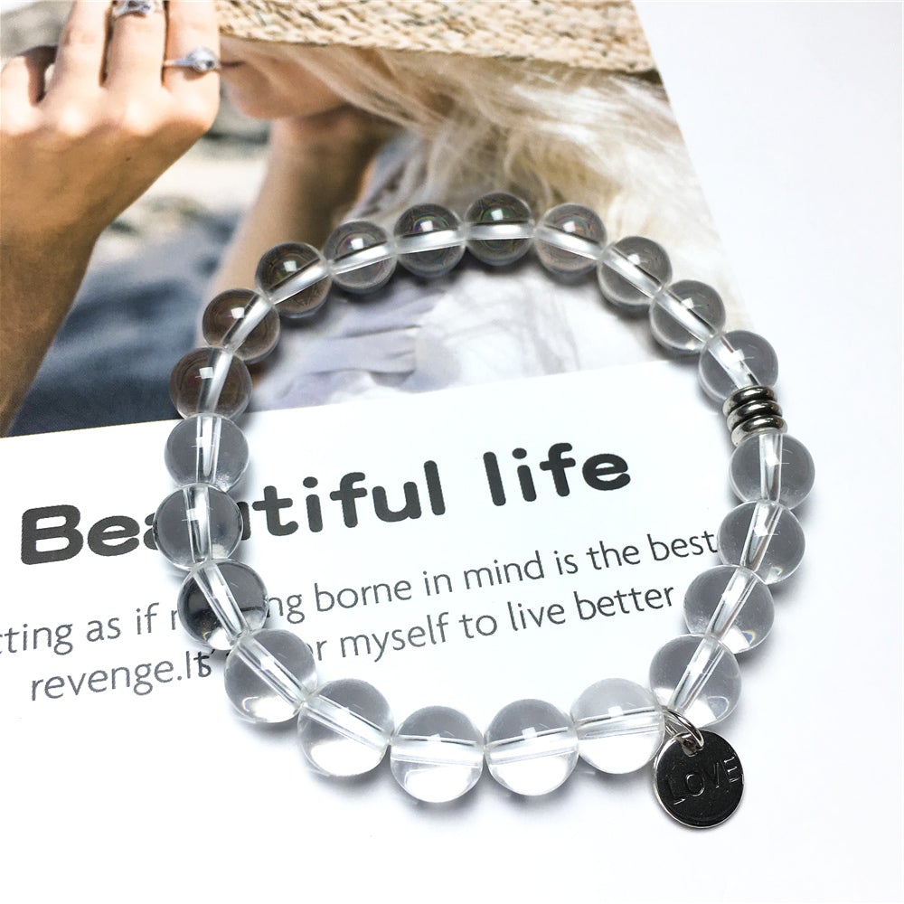 Gemstone Clear Quartz Gemstone Custom Beads Bracelet Love Heart Charm Stretch Bracelets