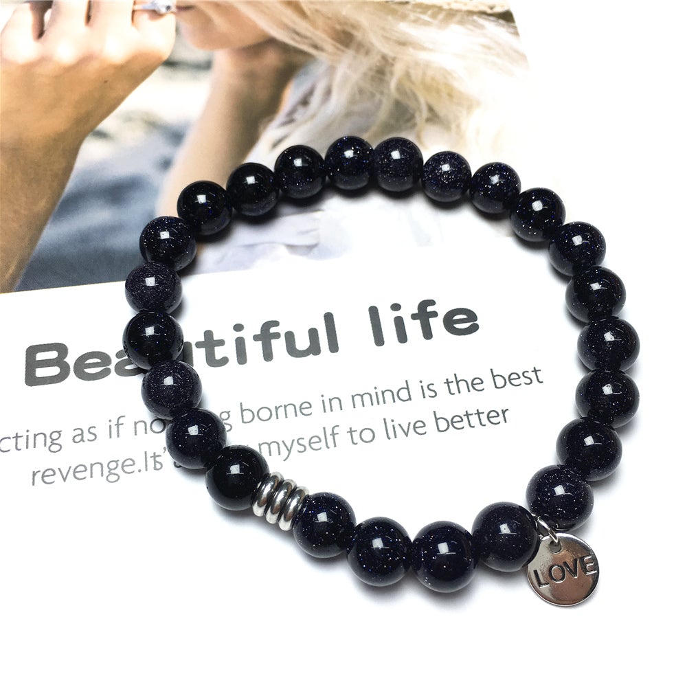 Gemstone Blue Sandstone Custom Beads Bracelet Love Heart Charm Stretch Bracelets