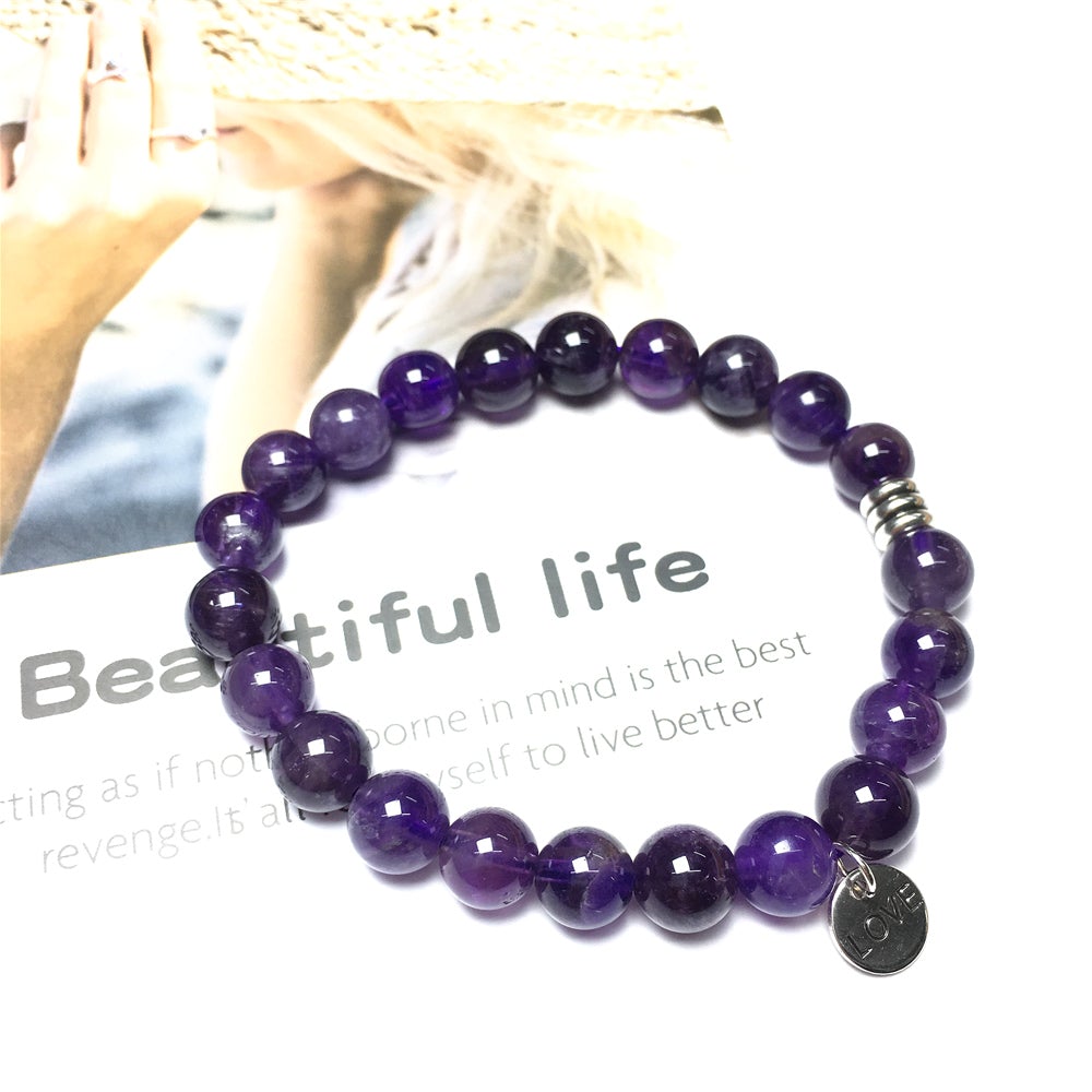Gemstone Amethyst Custom Beads Bracelet Love Heart Charm Stretch Bracelets