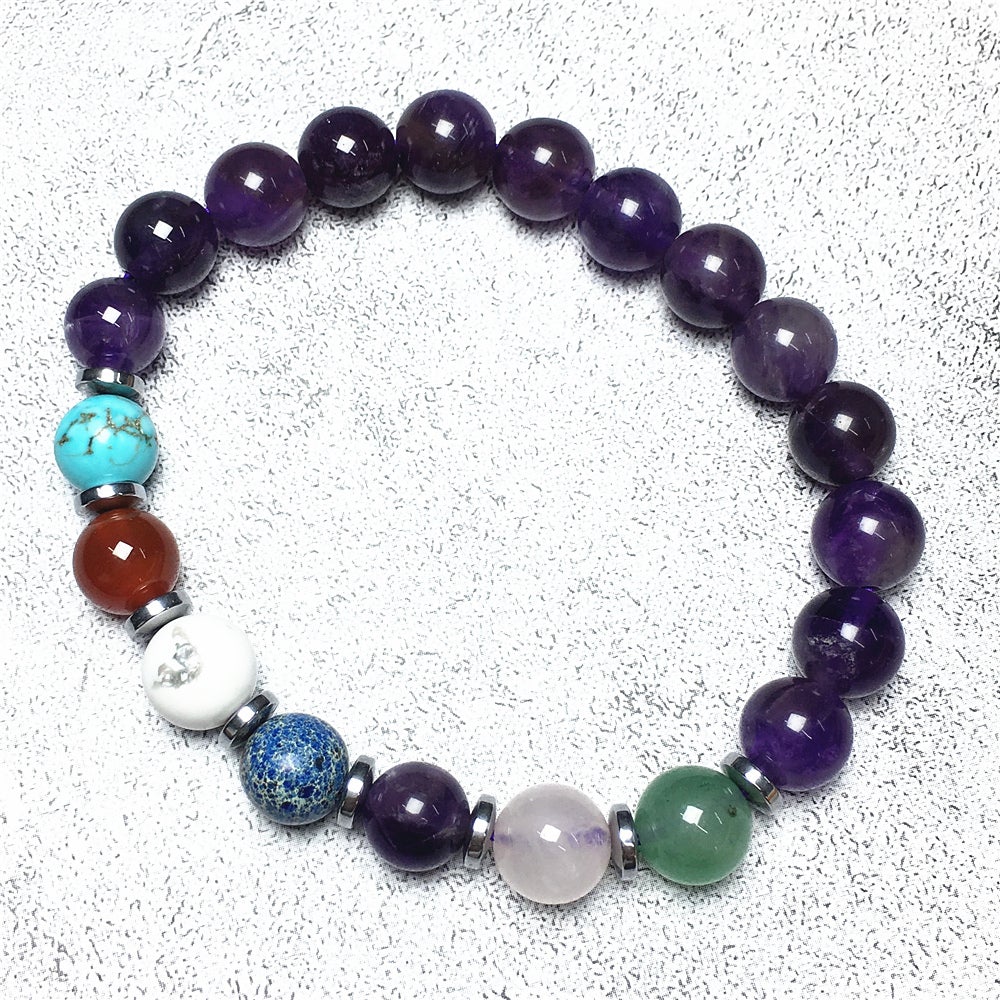 Genuine 7 Chakra Healing Gemstone With Amethyst Beaded Bracelet