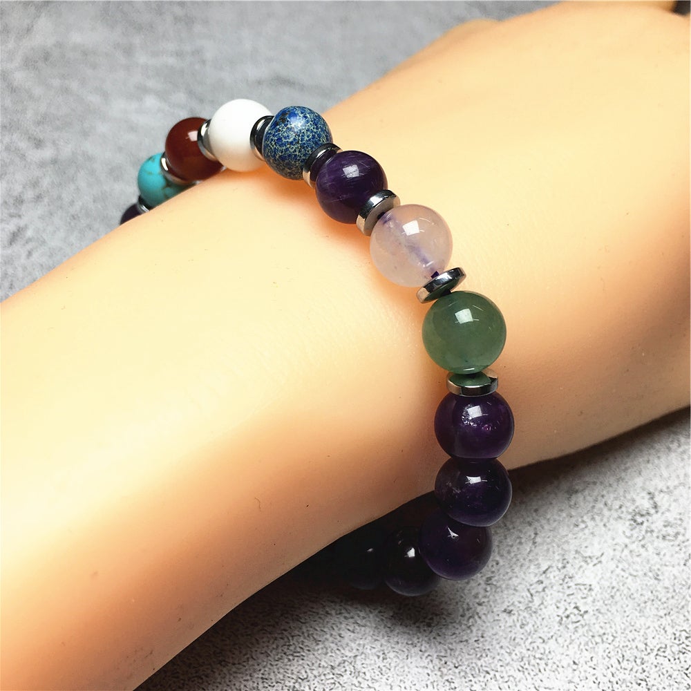 Genuine 7 Chakra Healing Gemstone With Amethyst Beaded Bracelet