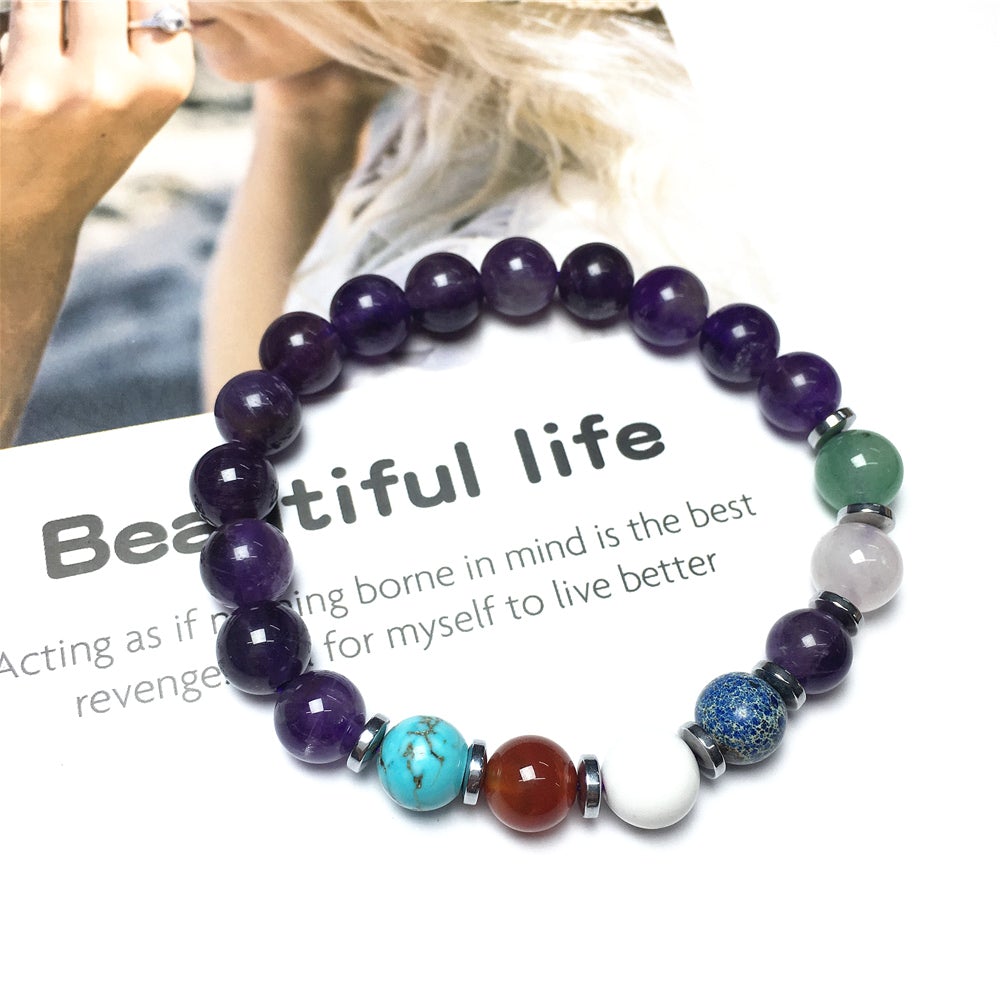 Genuine 7 Chakra Healing Gemstone With Amethyst Beaded Bracelet