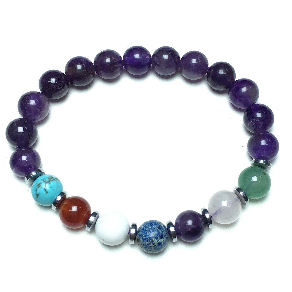 Genuine 7 Chakra Healing Gemstone With Amethyst Beaded Bracelet