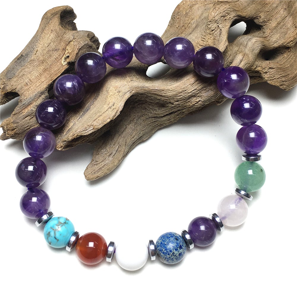Genuine 7 Chakra Healing Gemstone With Amethyst Beaded Bracelet