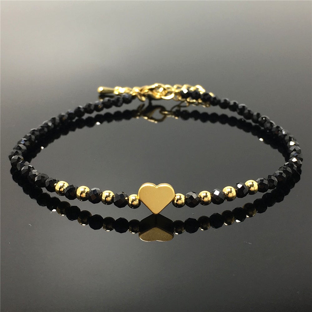 Black Spinel Gemstone Adjustable Beaded Bracelet with Love Heart Charm