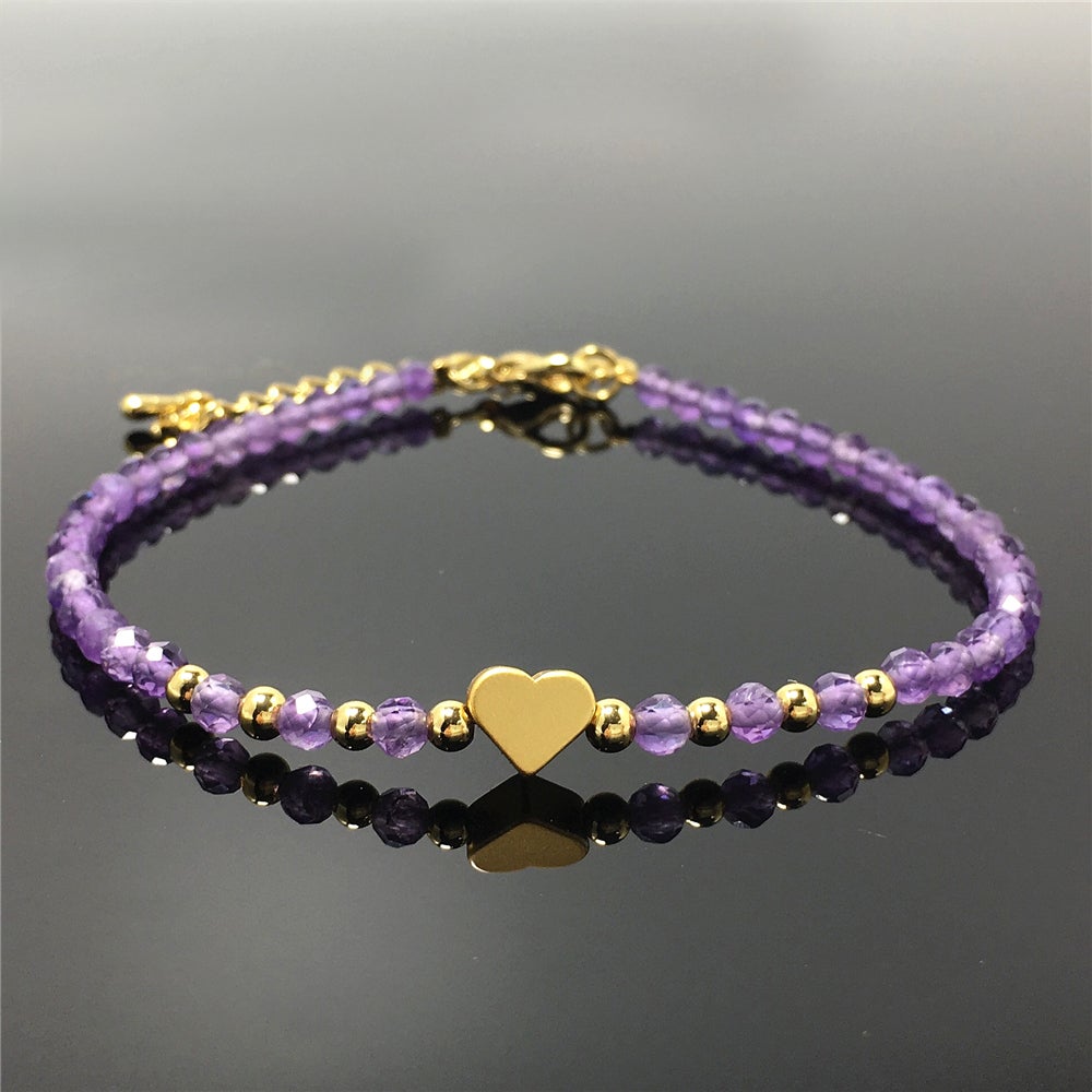 Amethyst Gemstone Adjustable tiny Beads Gemstone Bracelet with Love Heart Charm