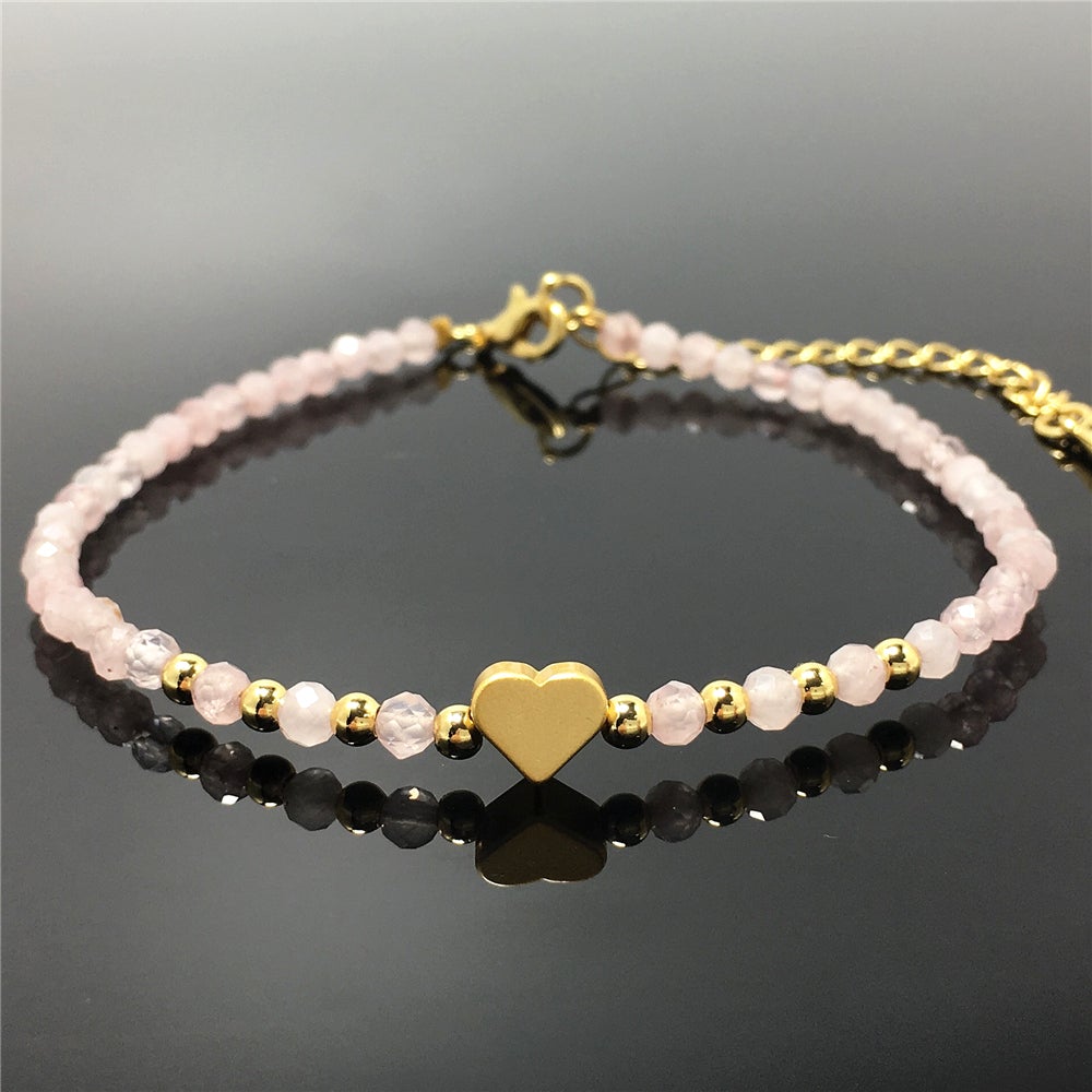 Rose Quartz Gemstone Adjustable Beaded Bracelet with Love Heart Charm