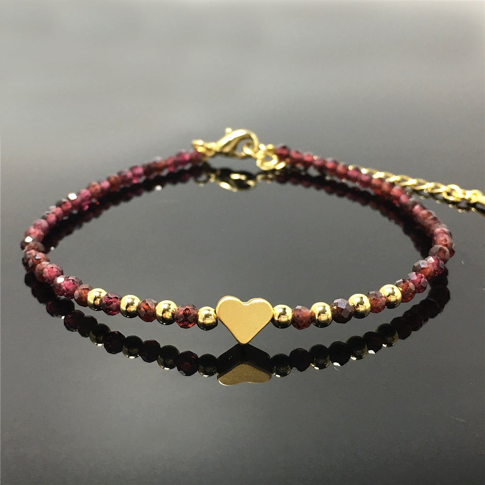 Garnet Gemstone Adjustable Beaded Bracelet with Love Heart Charm