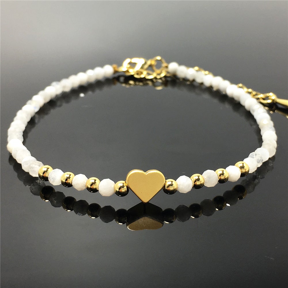 Moonstone Gemstone Adjustable Tiny Beads Gemstone Bracelet with Love Heart Charm