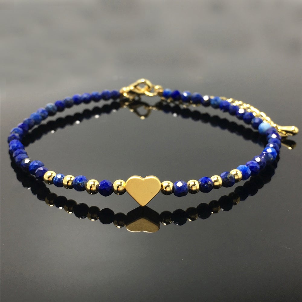 Lapis Lazuli Gemstone Adjustable Tiny Beads Gemstone Bracelet with Love Heart Charm