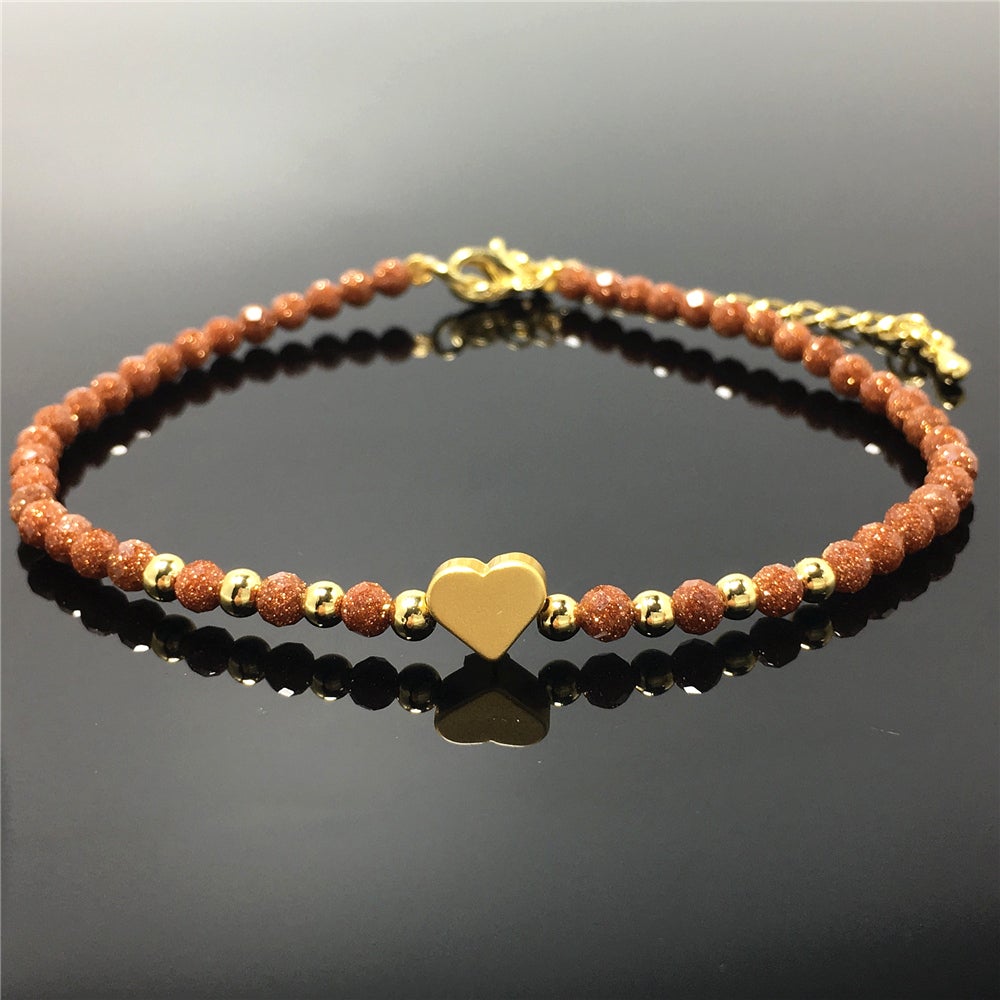 Gold Sandstone Gemstone Adjustable Tiny Beads Gemstone Bracelet with Love Heart Charm