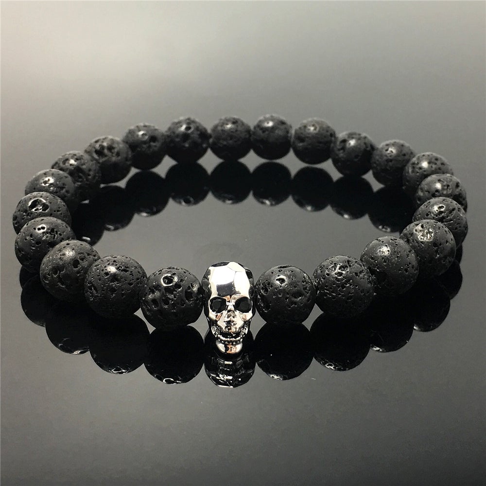 Natural Black Earthmined Lava Rock Lucky Stone Skinny Skull Spiritual Beads Bracelet