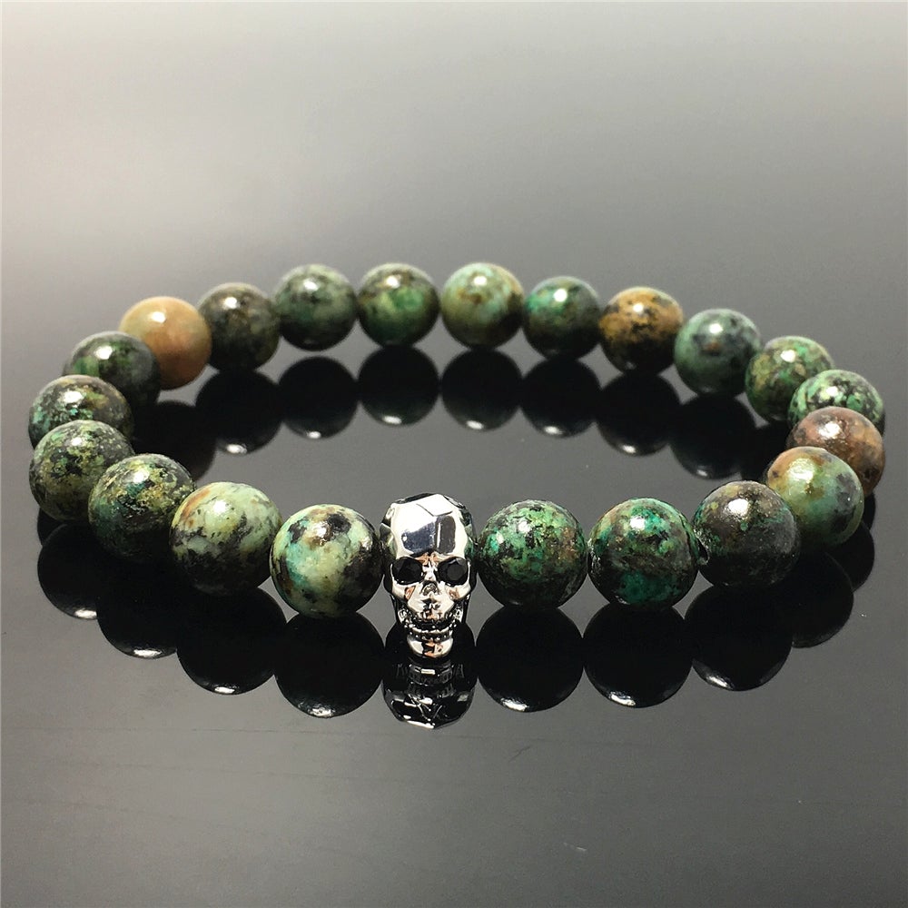 African Turqoiuse Gemstone Skinny Skull Charm Beaded Stretch Bracelet