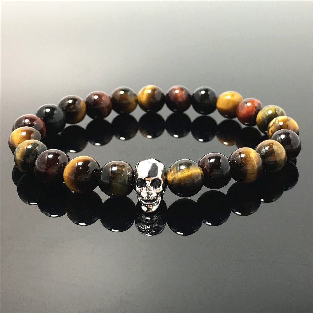 Multi Color Tigereye Gemstone Skinny Skull Charm Beaded Stretch Bracelet