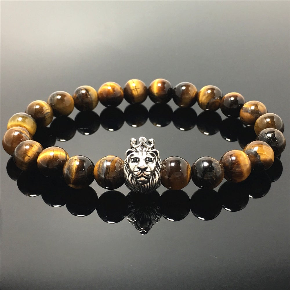 Lion King Design Tiger Eye Gemstone Beaded Adjustable Bracelet