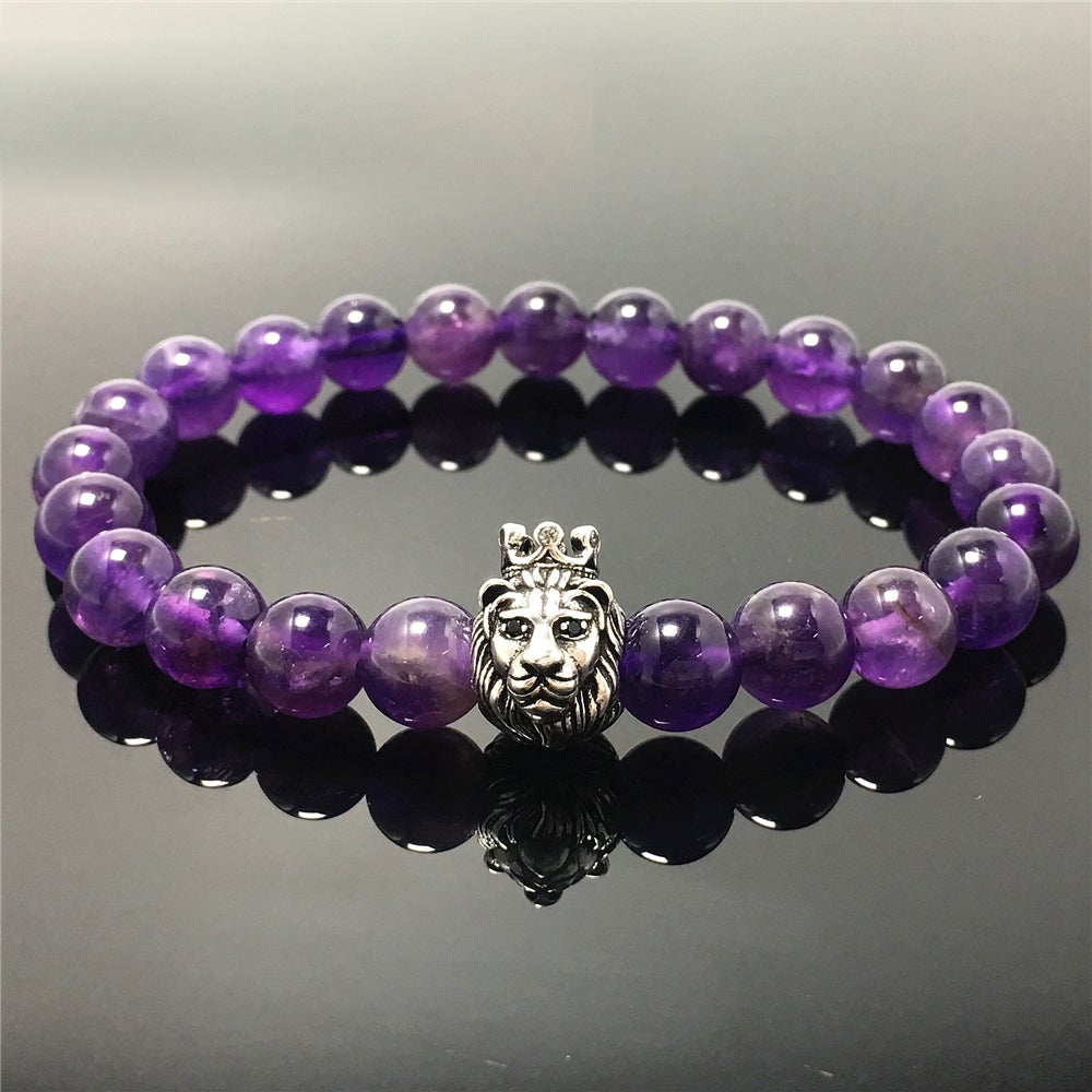 Amethyst Gemstone Beaded Adjustable Bracelet Lion King Design