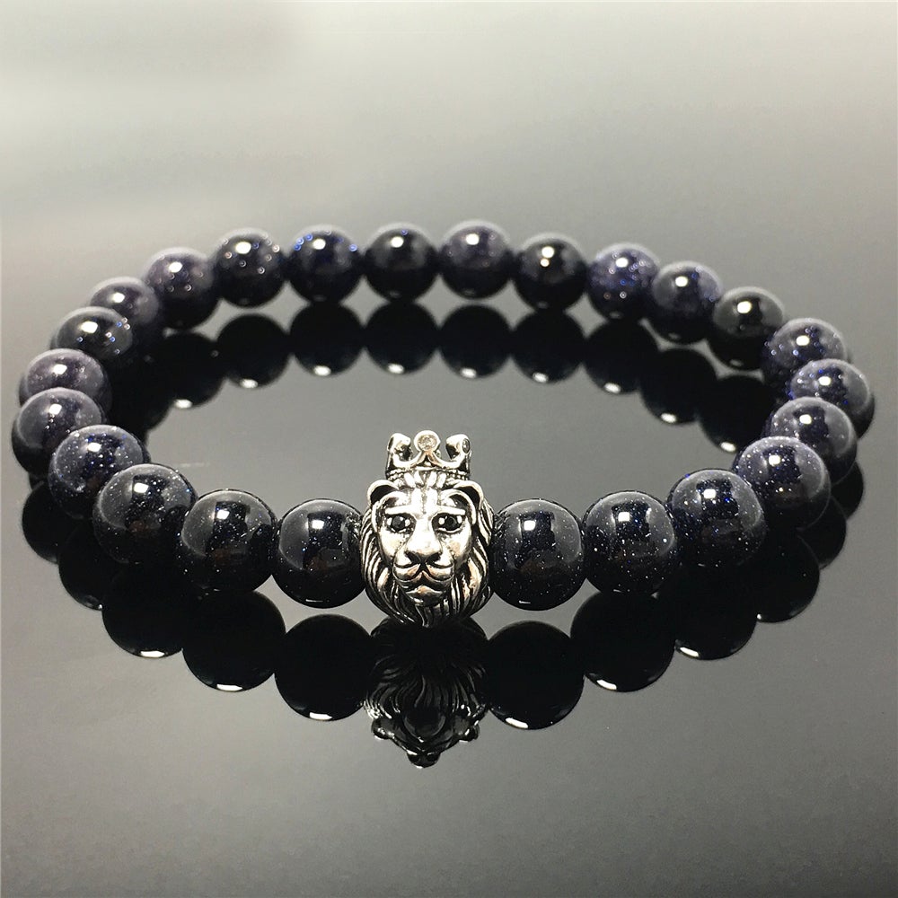 Natural Gemstone Blue Sandstone Beaded Adjustable Bracelet Lion King Design