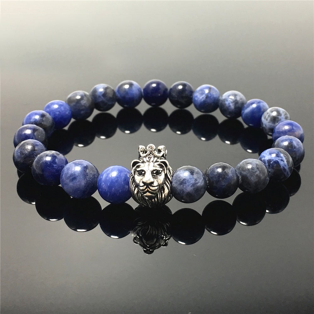 Natural Sodalite Gemstone Beaded Adjustable Bracelet Lion King Design