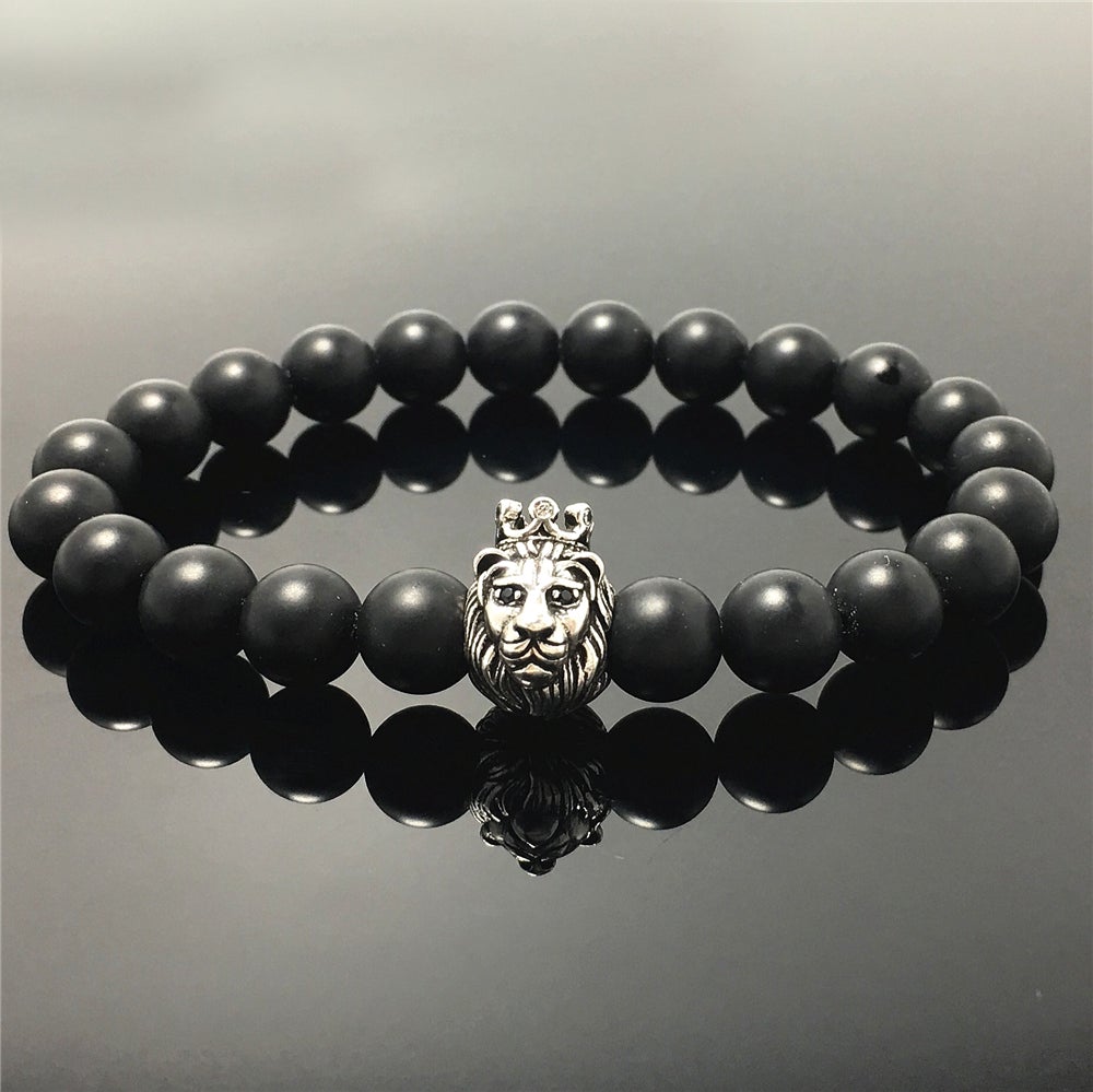 Natural Matte Onyx Gemstone Bracelet Beaded Adjustable Bracelet Lion King Design