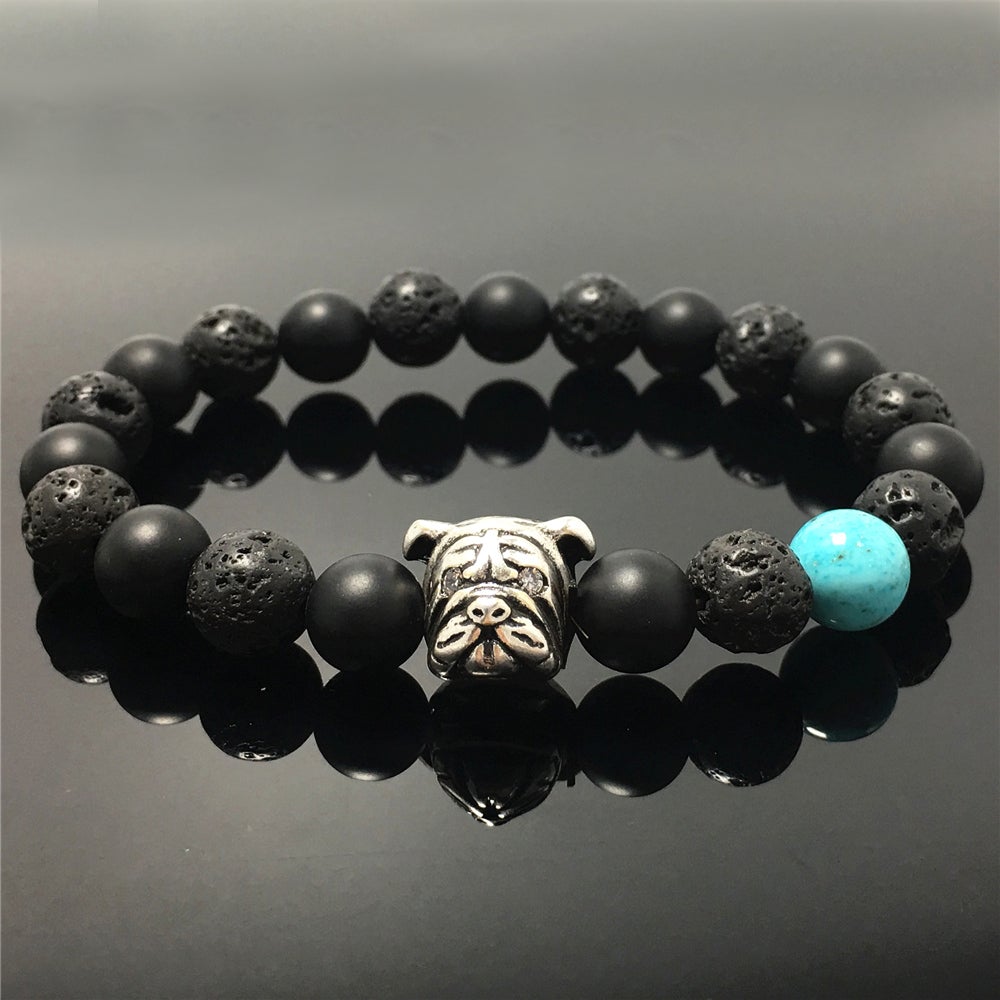 Matte Onyx Lava Stretch Beaded Handmade Precious Bracelets Jewelry with Bulldog