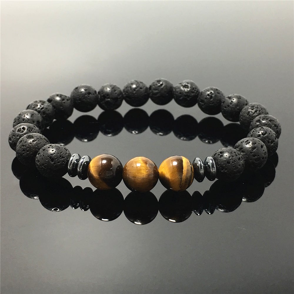 Natural Stone Bead Bracelet Lava Tiger Eye Stone Elastic Mens Bracelet Healing Bracelet