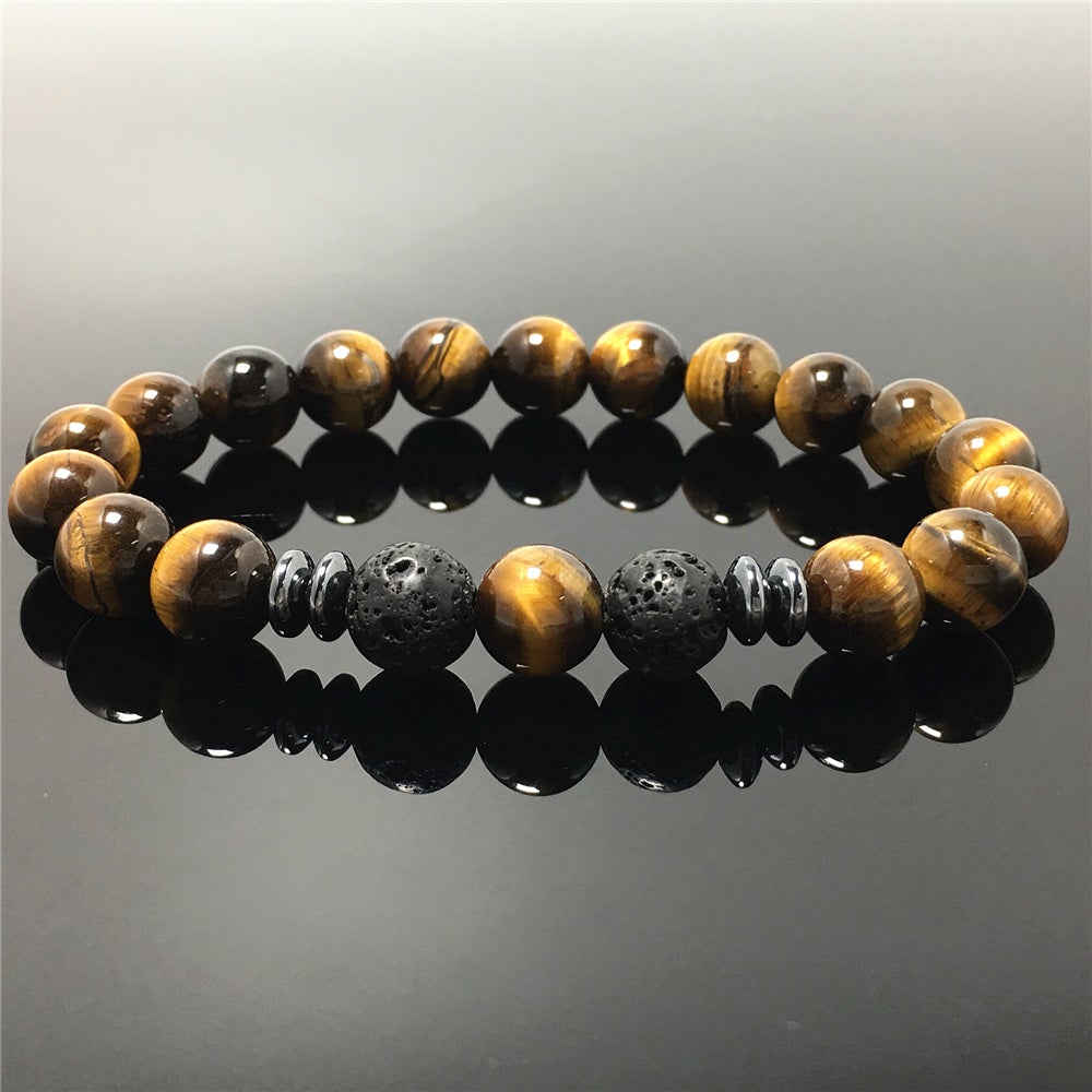 Natural Stone Bead Bracelet Tiger Eye Gemstone Elastic Mens Bracelet Healing Bracelet