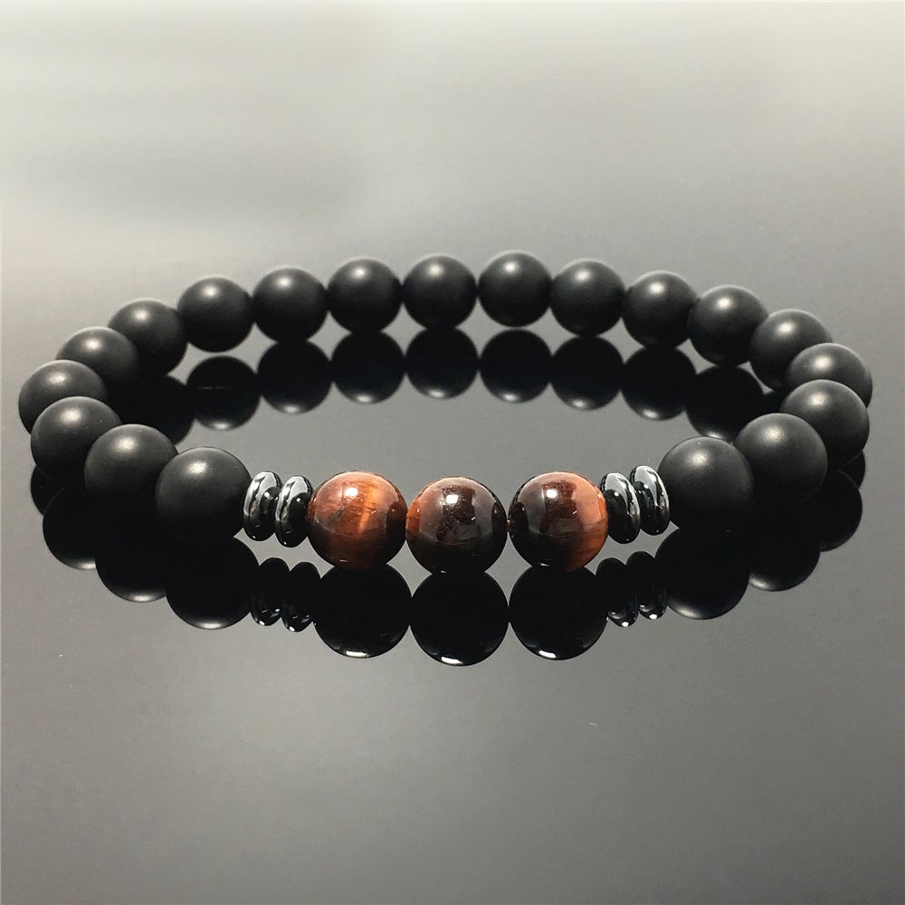 Black Onyx Red Tigers Eye Stone Beaded Bracelet Gemstone Handmade Elastic Bracelets