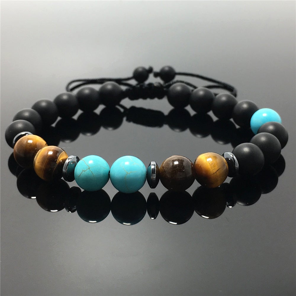 Unisex Adjustable Macrame Hand Braided Matte Onyx Tigereye Stone Healing Beads Bracelet