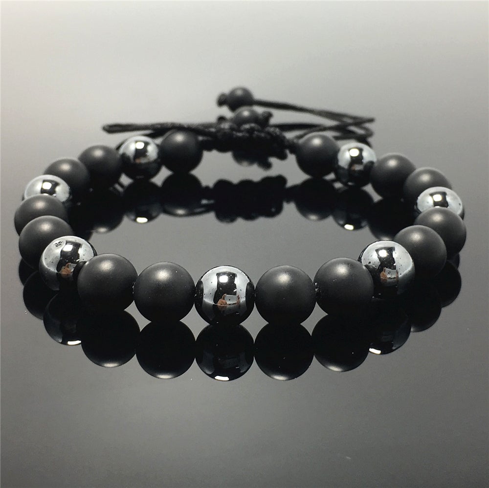 Matte Onyx Hematite Stone Beaded Bracelet Gemstone Adjustable Braided Bracelets