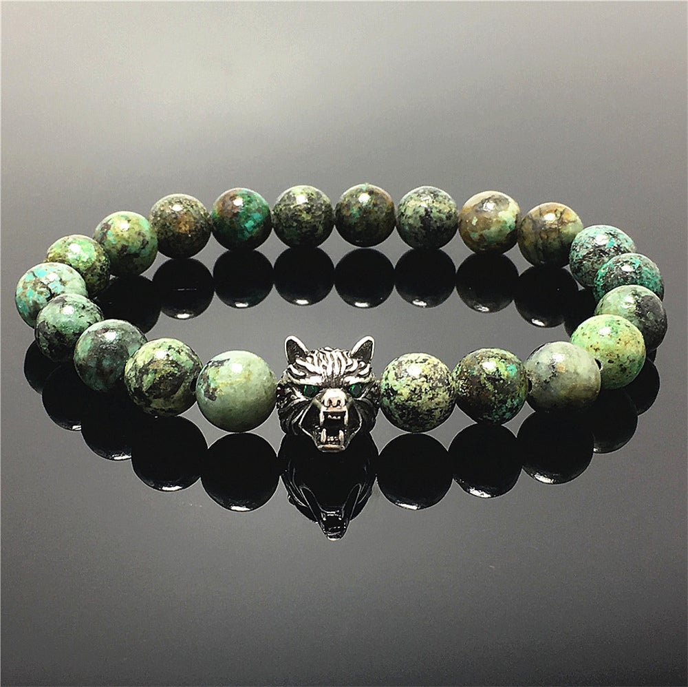 Natural African Turquoise Gemstone with Wolf Charm Spacer Bracelets Elastic Stretch Bracelet
