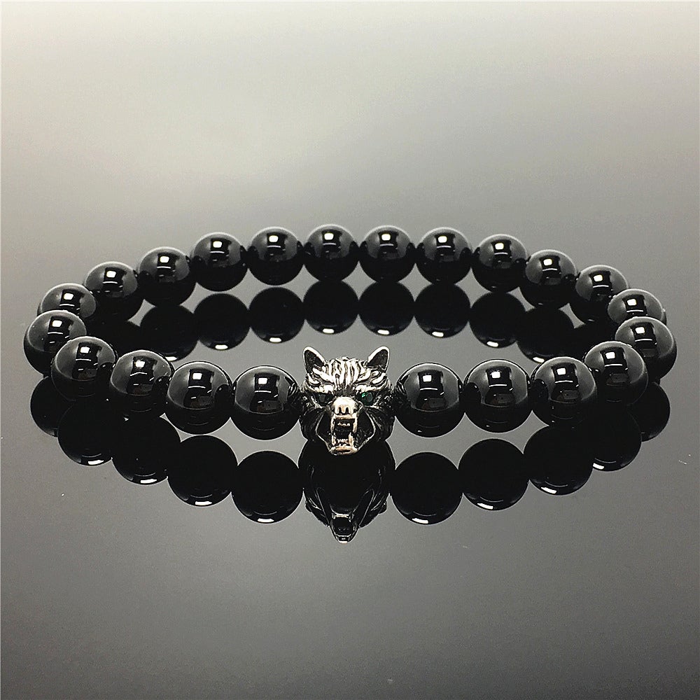 Natural Black Onyx Gemstone with Wolf Charm Bracelets Elastic Jewelry