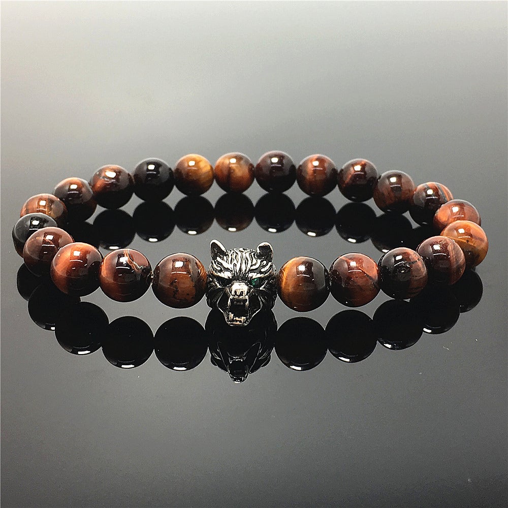 Natural Red Tiger Eyes Gemstone with Wolf Charm Spacer Bracelets Elastic Stretch Bracelet