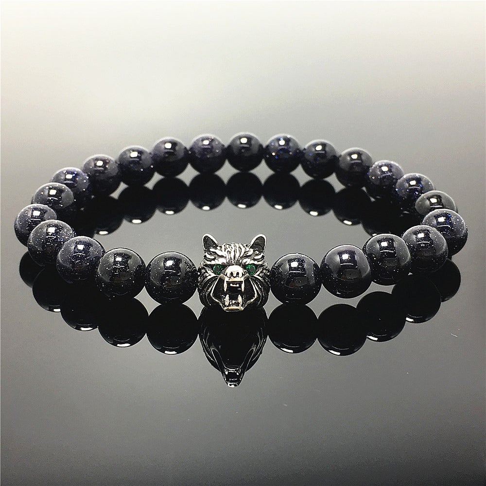 Natural Blue Sandstone Gemstone with Wolf Charm Spacer Bracelets Elastic Stretch Bracelet