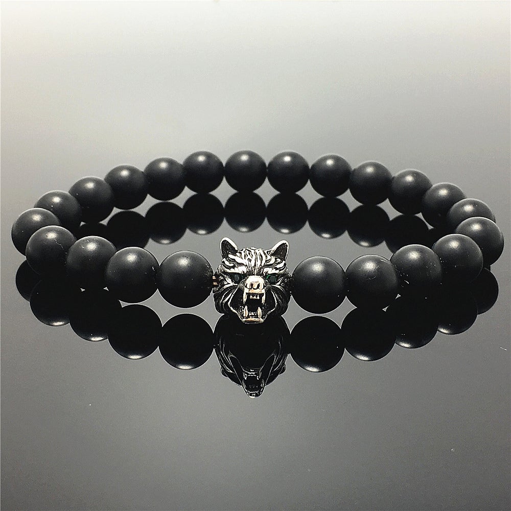 Natural Matte Onyx Gemstone with Wolf Charm Spacer Bracelets Elastic Stretch Bracelet