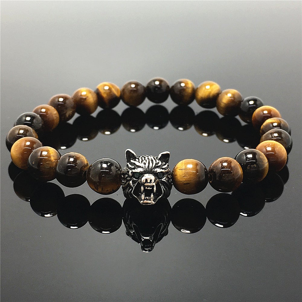 Natural Tiger Eyes Gemstone with Wolf Charm Spacer Bracelets Elastic Stretch Bracelet