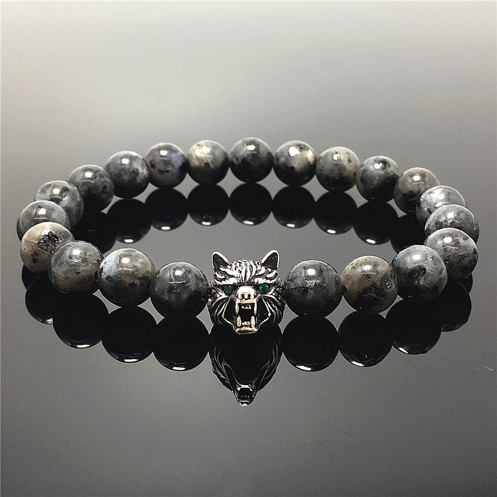 Natural Labradorite Gemstone with Wolf Charm Spacer Bracelets Elastic Stretch Bracelet