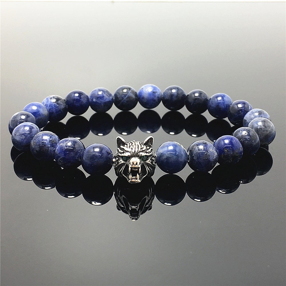 Natural Blue Sodalite Gemstone with Wolf Charm Spacer Bracelets Elastic Stretch Bracelet
