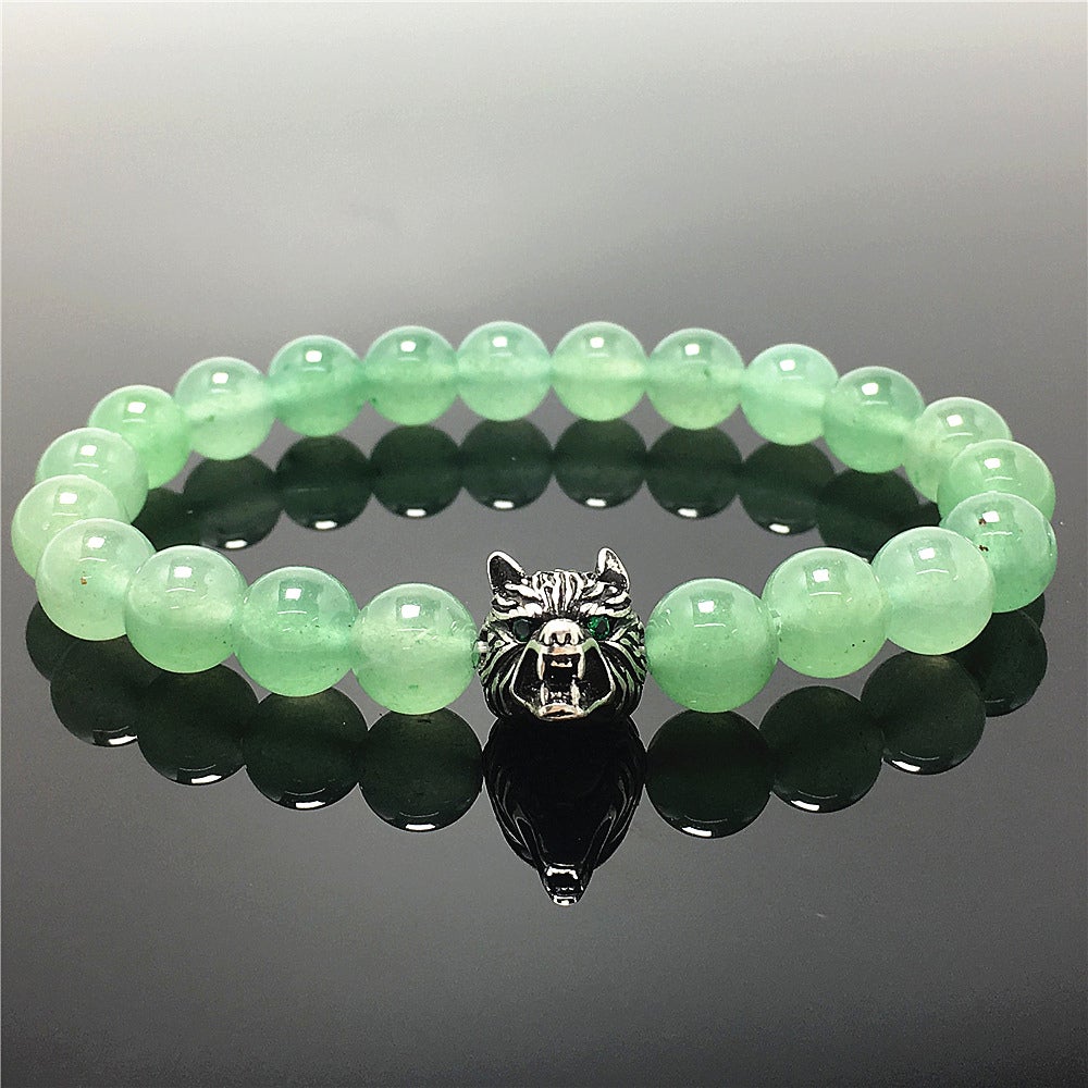 Wolf Charm Natural Green Adventurine Stone Bracelets Elastic Jewelry
