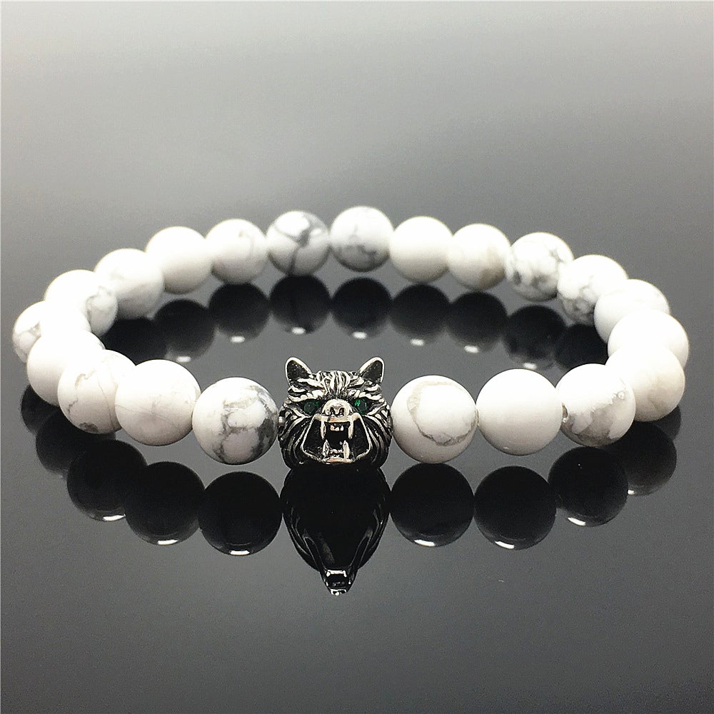Wolf Charm Natural Howlite Stone Bracelets Elastic Jewelry