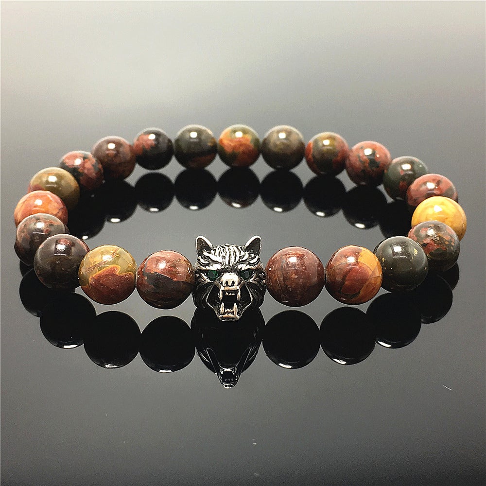 Natural Picasso Jasper Gemstone with Wolf Charm Spacer Bracelets Elastic Stretch Bracelet