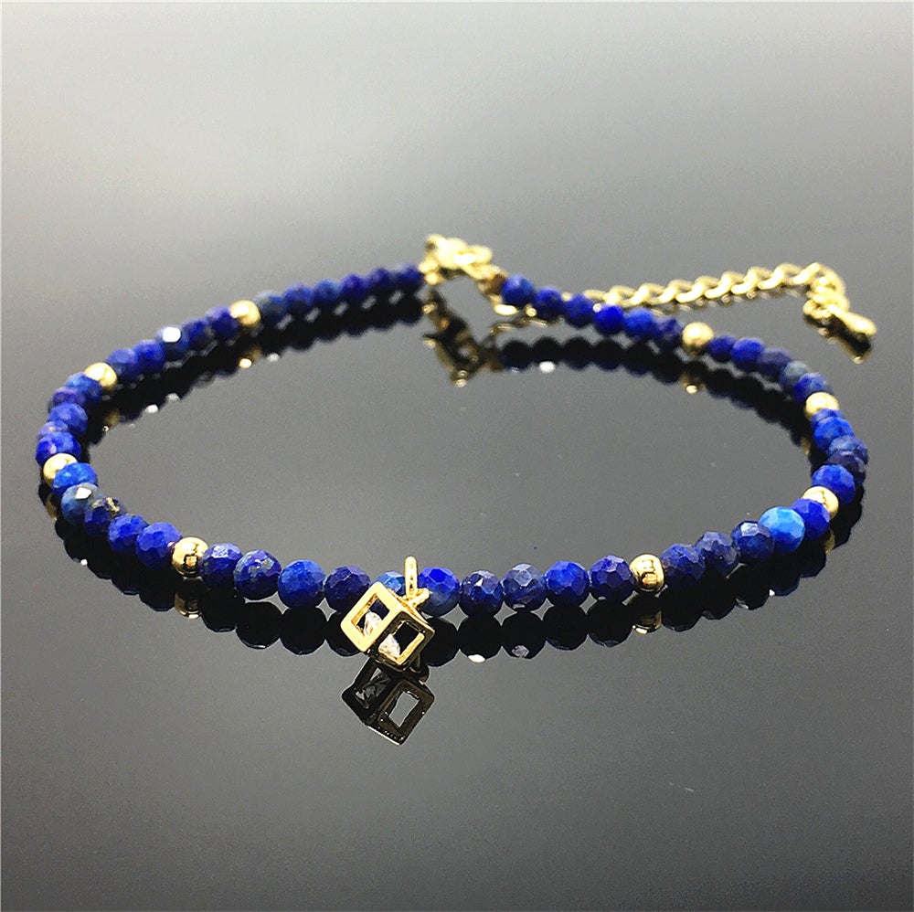 Lapis Lazuli Gemstone with Rhinestone Cubic Charm Adjustable Tiny Gemstone Beads Bracelet