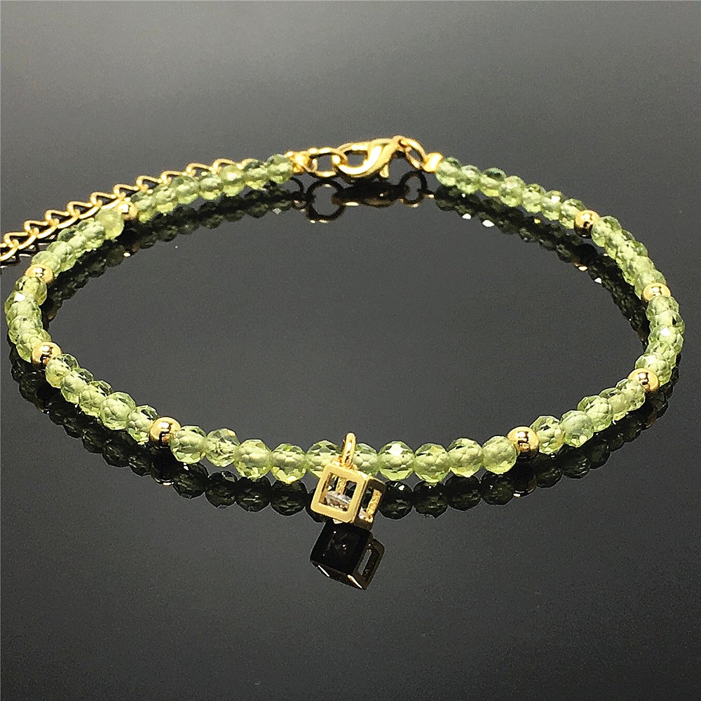 Green Peridot Gemstone with Rhinestone Cubic Charm Adjustable Tiny Gemstone Beads Bracelet