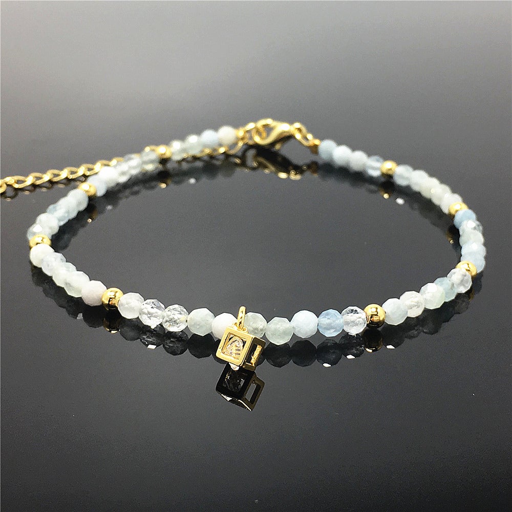 Aquamarine Gemstone with Rhinestone Charm Adjustable Beaded Braceletet