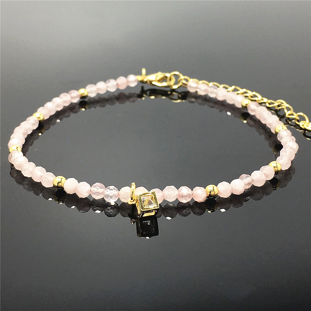 Pink Rose Quartz Gemstone with Rhinestone Cubic Charm Adjustable Tiny Gemstone Beads Bracelet
