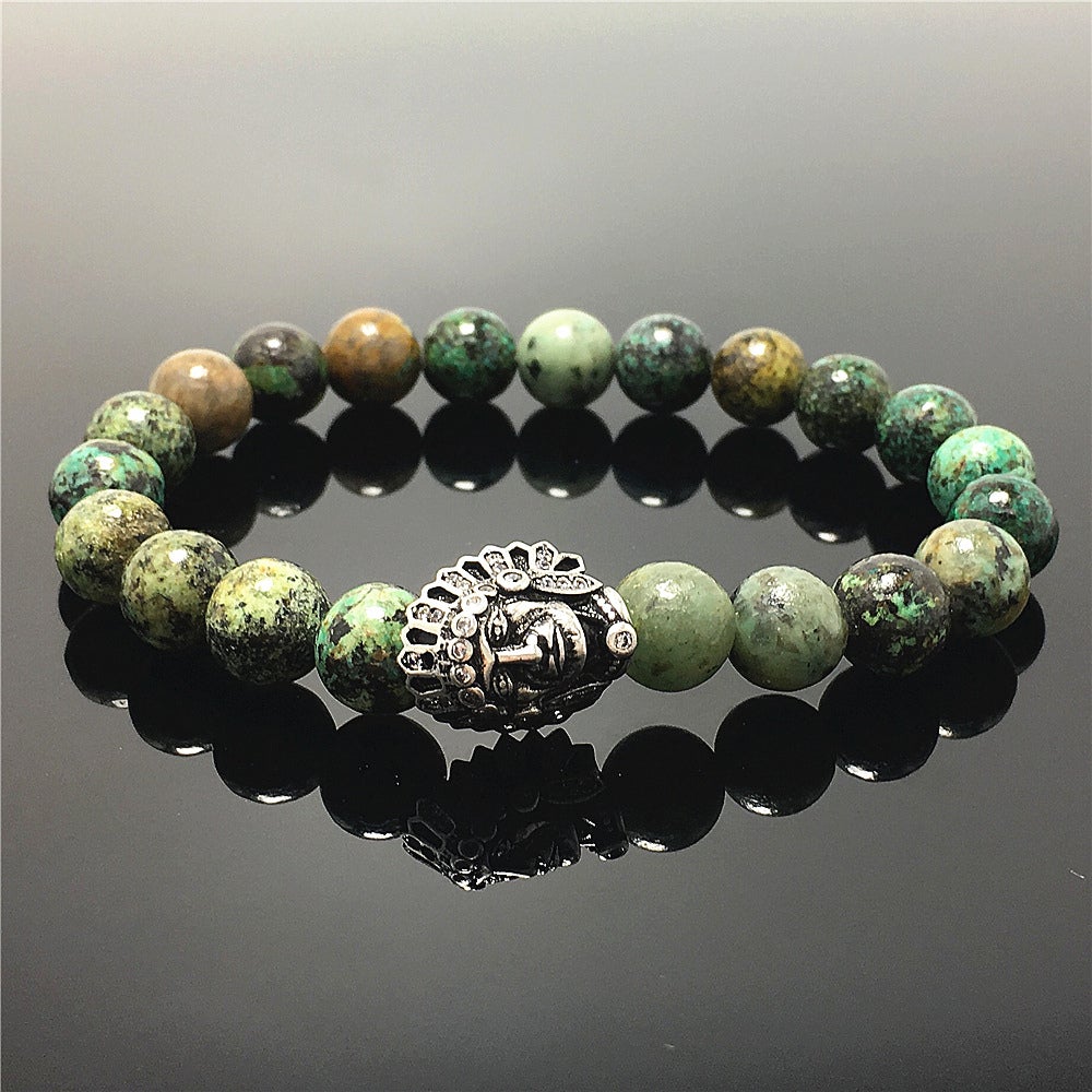 Natural Stone Bracelets Indian Head Bracelet African Turqoiuse Beads Elastic Women Men Jewelry