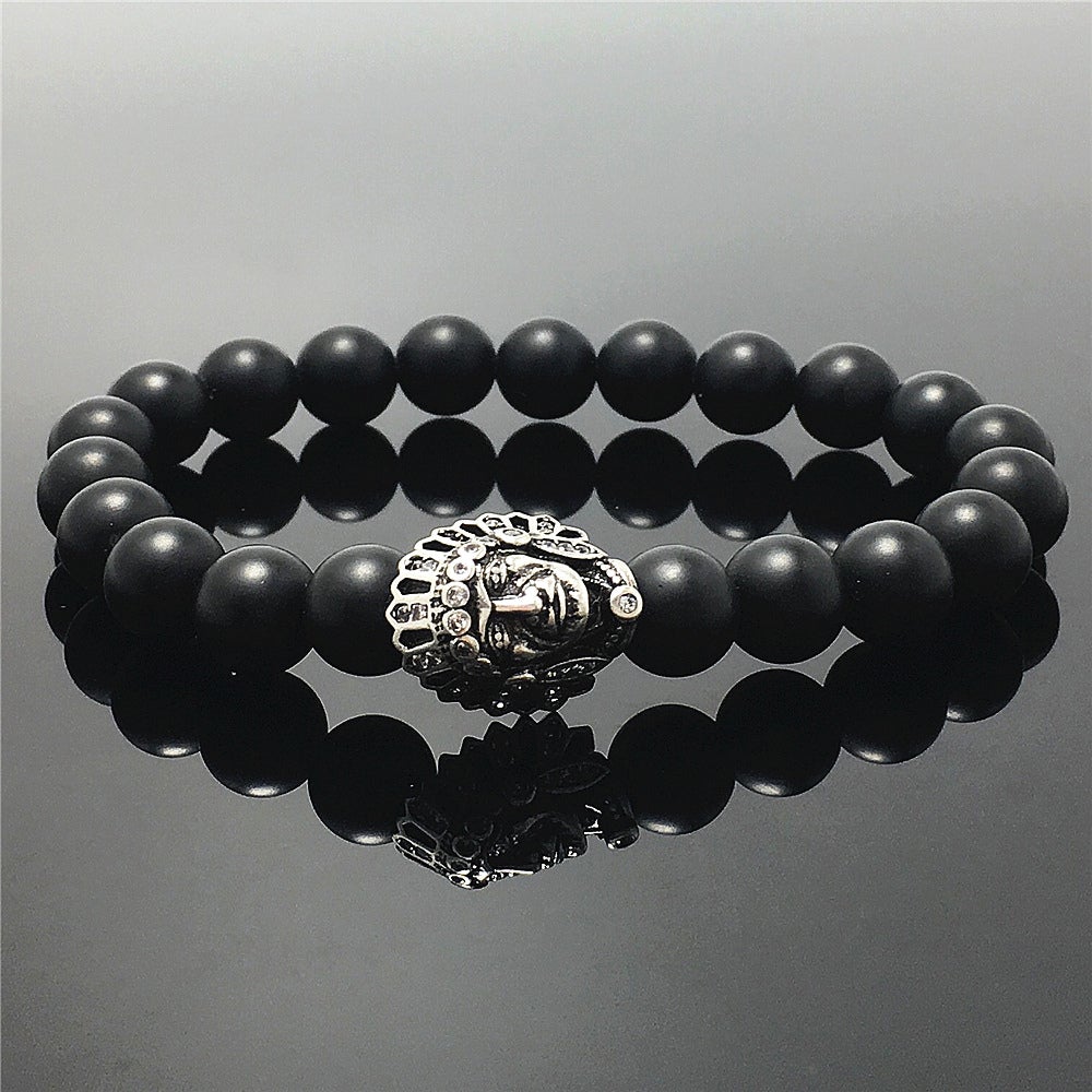 Natural Stone Bracelets Indian Head Bracelet Black Matte Onyx Beads Elastic Women Men Jewelry