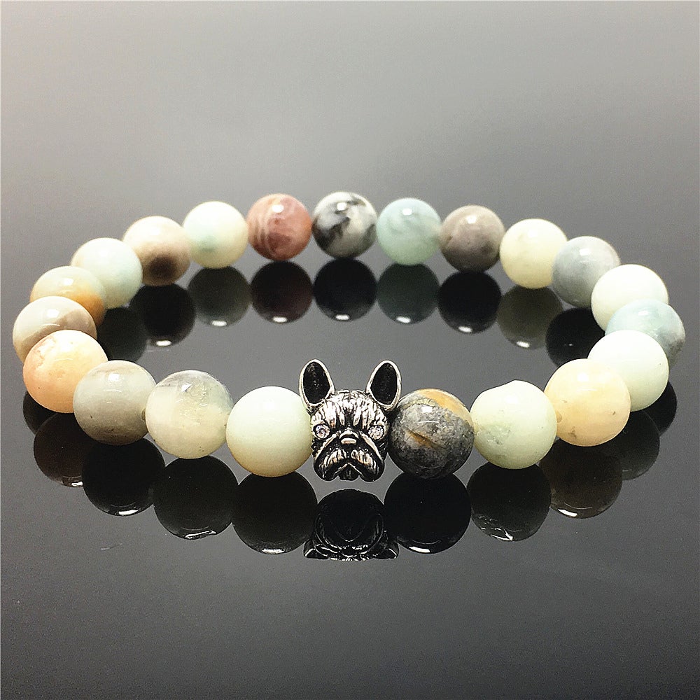 French Bulldog Bracelet For Men Women Natural Amazonite Gemstone Beaded Jewelry