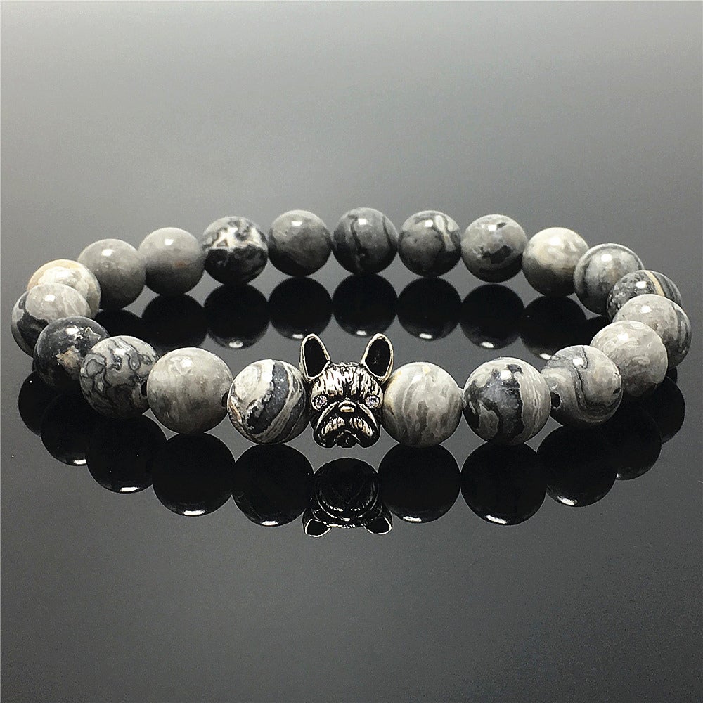 Cute French Bulldog Bracelet For Men Women Natural Map Stone Beaded Jewelry