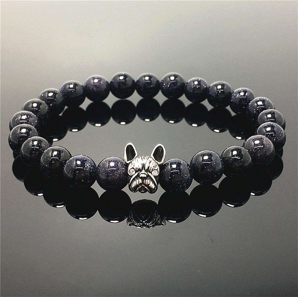 Natural Blue Sandstone Beaded Bracelet Jewelry French Bulldog Bracelet For Men Women
